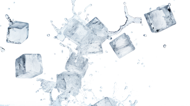 Refreshing Ice Cubes Splashing into Water, Perfect for Cool Drinks and Summer Vibes on transparent background