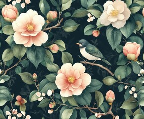 Seamless pattern of watercolor foliage and camellia flowers, with small birds perched between the leaves in pastel colors on dark background, detailed images