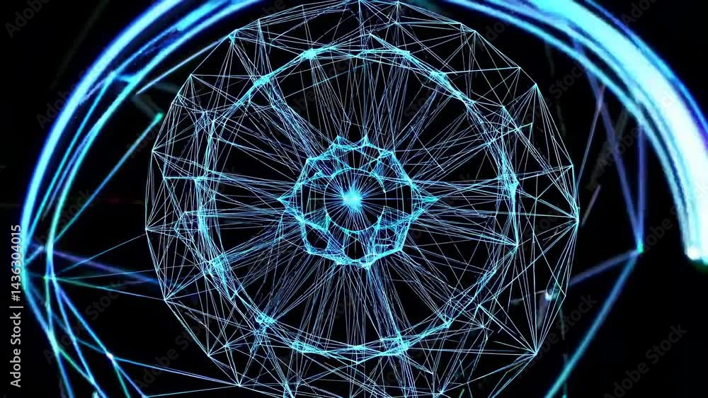 Poster abstract blue plexus sphere is rotating and glowing with data transferring through network, visualiz