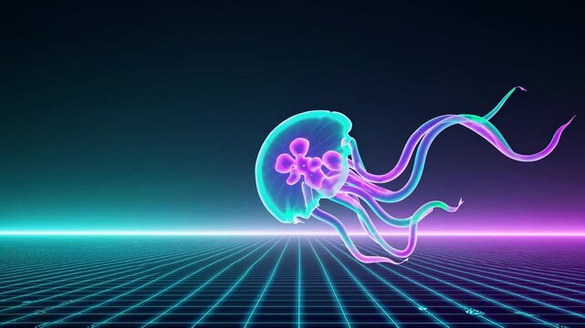 Glowing jellyfish with long tentacles swimming in a vaporwave digital grid landscape with neon pink and turquoise lights creating a mesmerizing retro futuristic scene - Powered by Adobe
