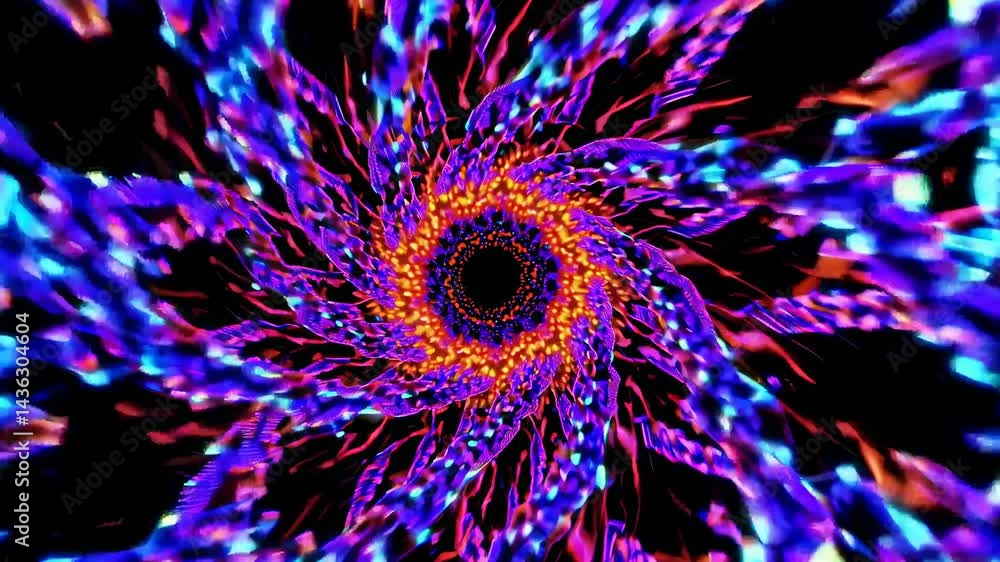 Poster colorful geometric shapes creating a kaleidoscope tunnel effect with an orange glowing center and pu