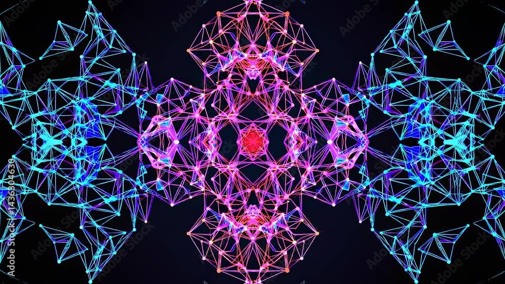 Poster colorful interconnected lines and dots forming a complex, symmetrical plexus design resembling a kal