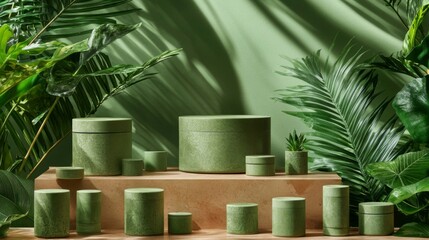 Green Cylinders on Terrazzo Platform with Tropical Leaves