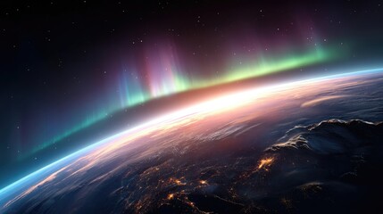 Vibrant aurora borealis above a celestial globe.