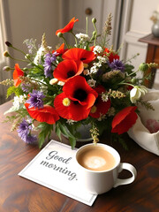 A beautiful bouquet of wild flowers with poppies and cammomille on an antique wooden table. Nearby is a cup of hot coffee with foam and a postcard with the text: "Good morning!"