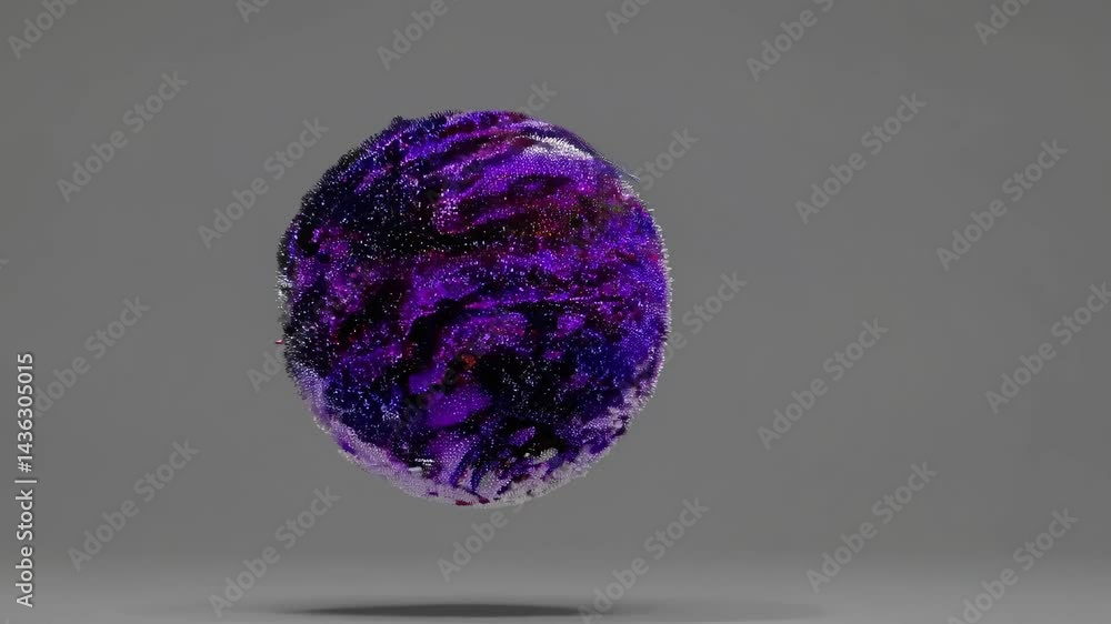Poster white sphere exploding with vibrant blue and purple particles, creating a dynamic visual effect agai