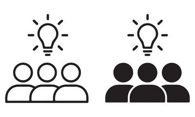 Teamwork and Innovation Icon – Group of People with Lightbulb Idea Symbols in Minimalist Style. teamwork, innovation, idea, creativity, collaboration, brainstorming, solution, leadership, group