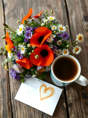 A beautiful bouquet of wild flowers with poppies and cammomille on an old wooden table. Nearby is a cup of hot coffee and a sheet of paper with the heart and copy space for text.