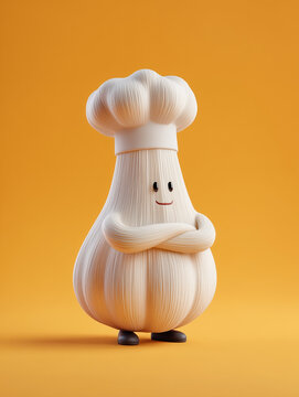 Naklejki Cartoon Garlic Chef Character in Bright Orange Background