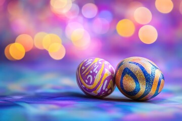 Fototapeta premium Easter eggs on a colorful background with bokeh light 