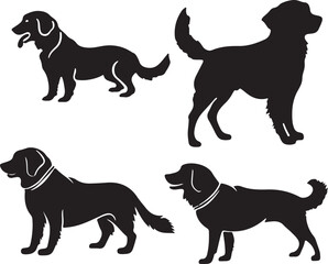 American dog breed, puppy or black pet animal silhouette collection isolated on white background. Standing, running and hunting dog icon or symbol. Happy playful wild dog silhouette art with paw sign.