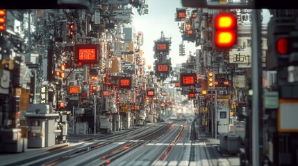 Obraz premium Futuristic Cityscape with Red Lights and Pixelated Architecture