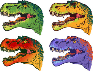 Prehistoric set of dinosaur heads illustration. isolated clipart. Dangerous ancient predator, tyrannosaurus fossil design element