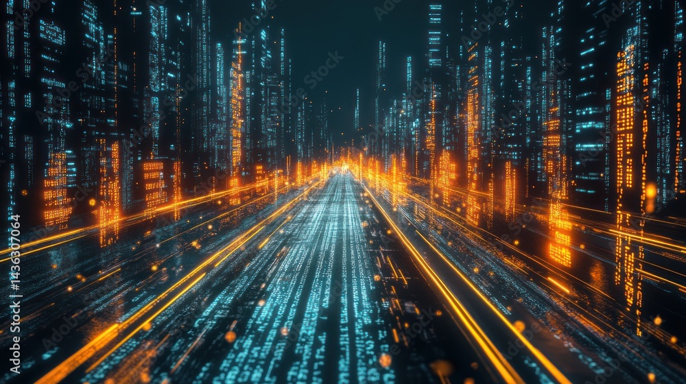 Poster futuristic digital cityscape with flowing data streams and glowing architecture