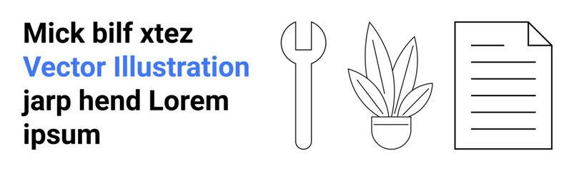 Text paired with a wrench, potted plant, and document outline conveying creativity, tools, productivity, organization, home decor, work essentials, and flat landing page banner