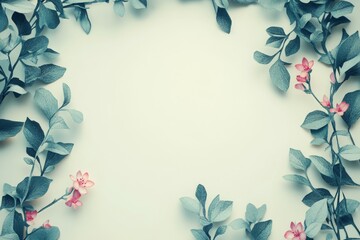 Delicate floral frame of pale teal leaves and blossoms.