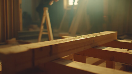 Wooden Beams in a Dimly Lit Workshop