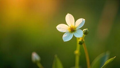 A small white flower with five petals and a yellow center. The flower is growing on a thin green stem with small buds. The background is blurred, but it appears to be a natural setting with other pla