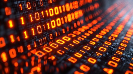Abstract Digital Binary Code Background: Orange Glowing Numbers in a Dark Cyber World