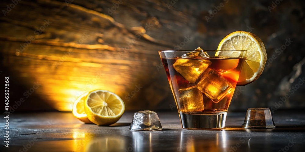 Poster a refreshing iced beverage with lemon garnish in a crystal glass on a dark background
