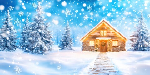 Fototapeta premium Winter Wonderland Lodge: A charming cottage nestled in a snow-covered landscape, aglow with warm lights, amidst a flurry of snowflakes. a captivating image of peaceful winter scene.