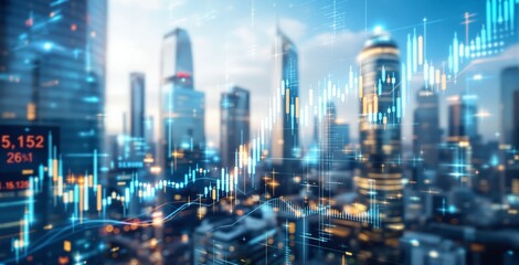 Financial trading graphs and stock market charts overlaying a modern city skyline, futuristic graphic style, blurred background, business concept. Ai generative