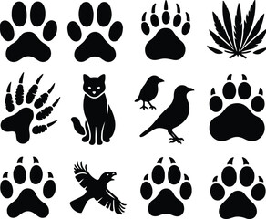 Different animal paw print vector silhouette