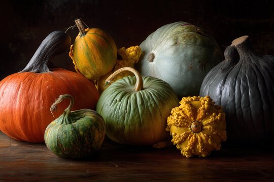 Still life of diverse colorful pumpkins and gourds on rustic wooden surface, autumn harvest