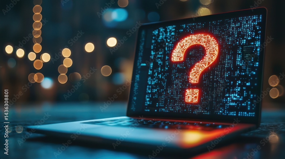 Poster a digital assistant on a laptop screen with a large question mark