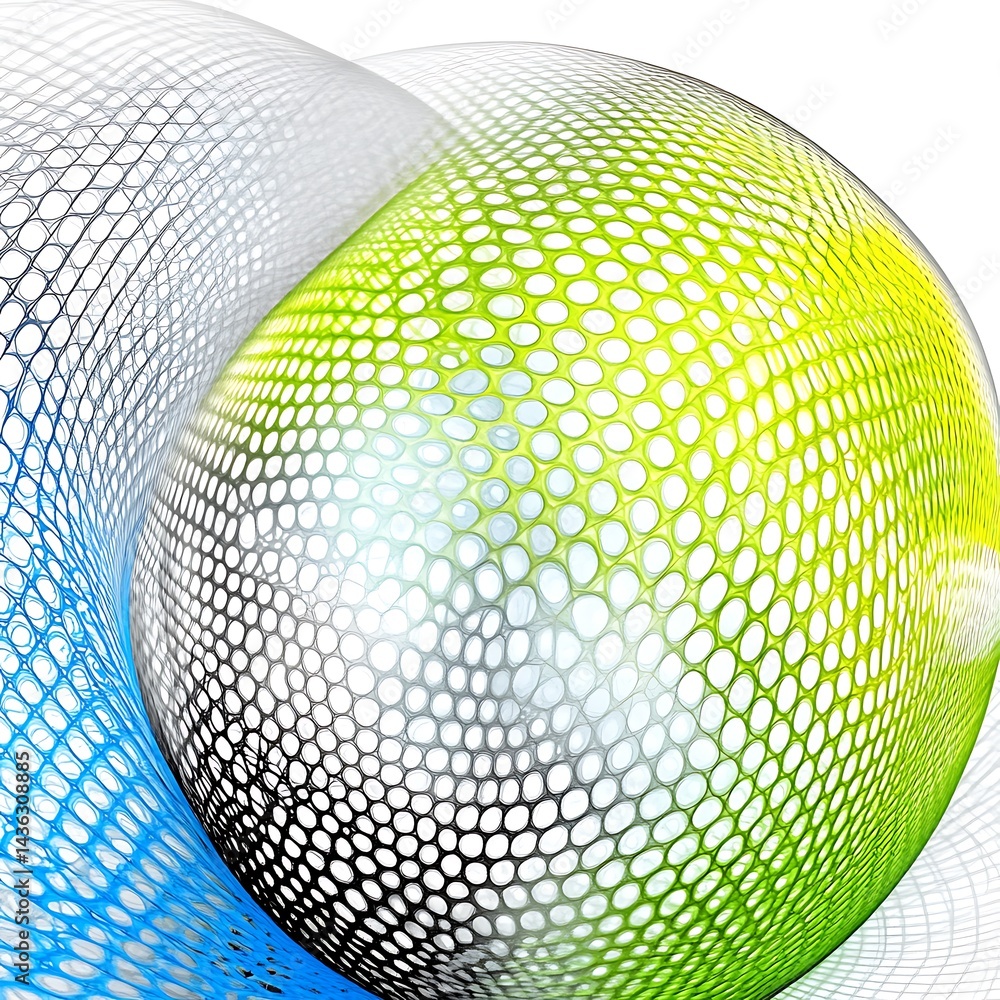 Poster abstract 3d rendering of interwoven, translucent spheres with hexagonal patterns. bright lime green 