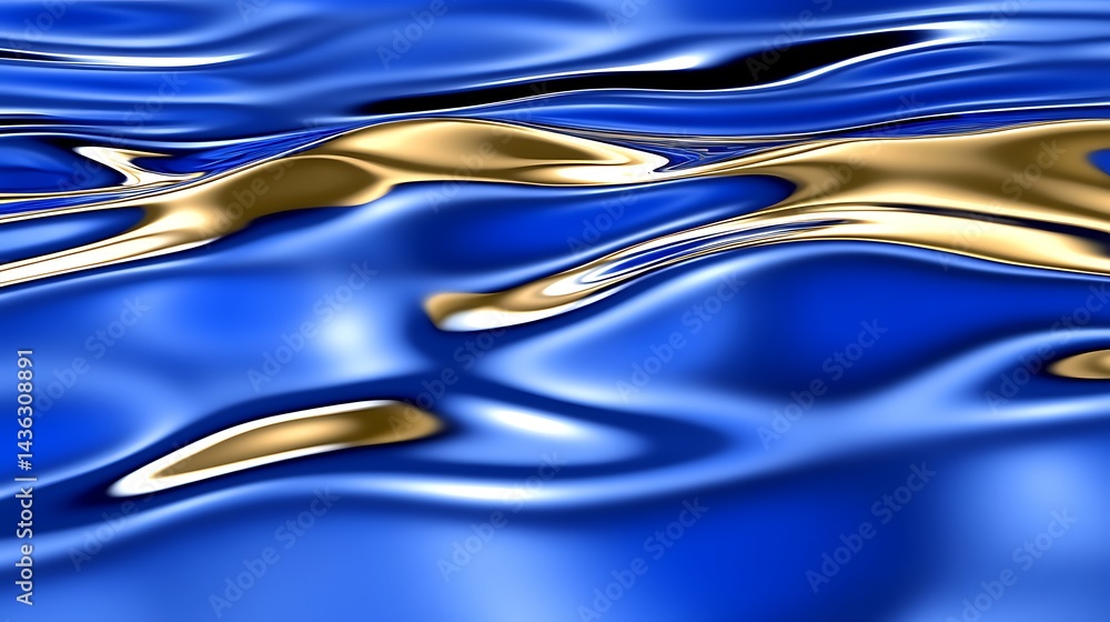Poster abstract image of blue and gold liquid flowing, creating wavy patterns and textures. the colors are 