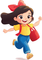 A cheerful cartoon girl with a red bow happily runs with her red backpack.