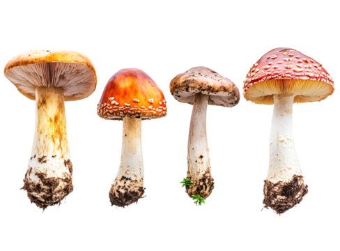 Mushrooms isolated on a transparent background, cutout PNG file with a clipping path for Adobe Stock and large panoramas.