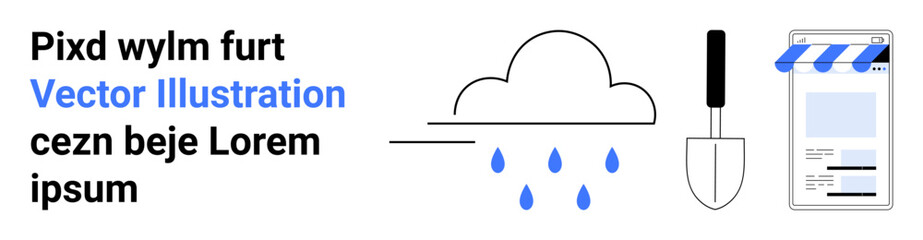 Cloud with raindrops, a trowel, and an online storefront icon. Represents gardening, environmental care, digital tools, and e-commerce. Ideal for weather apps, gardening tools e-commerce farming