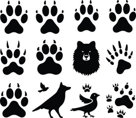 Different animal paw print vector silhouette