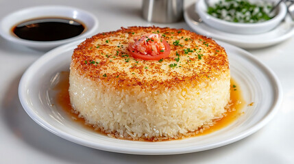 Elegant garlic fried rice dome garnished with tomato and parsley served with soy sauce and herbs