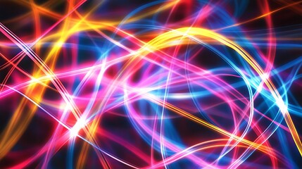 Abstract background with vibrant, dynamic light trails. Intertwined streaks of blue, pink, orange, and yellow light create a sense of energy and movement against a dark background. The image features