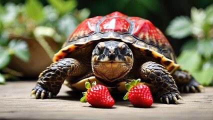 "Indian Star Tortoise with Strawberry – Cute Wildlife Close-Up"