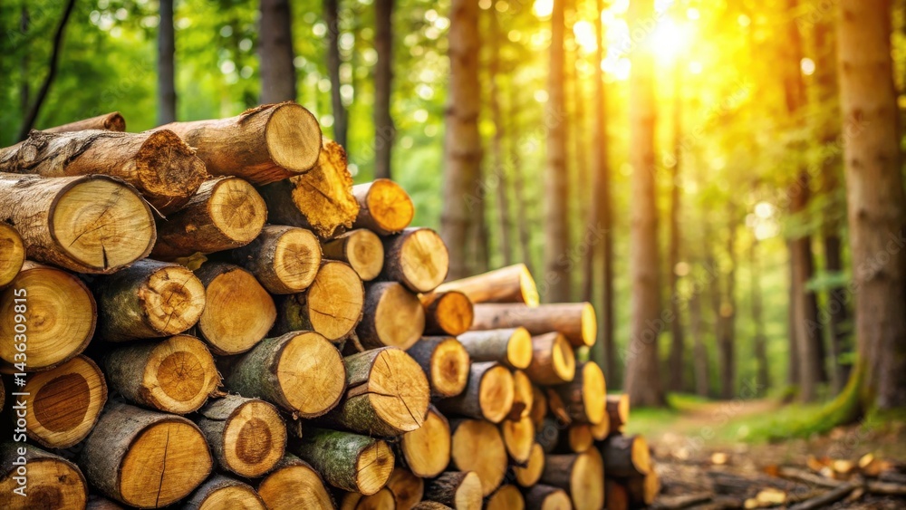 Poster sunlit forest path with stacked logs, natural woodpile in a green setting