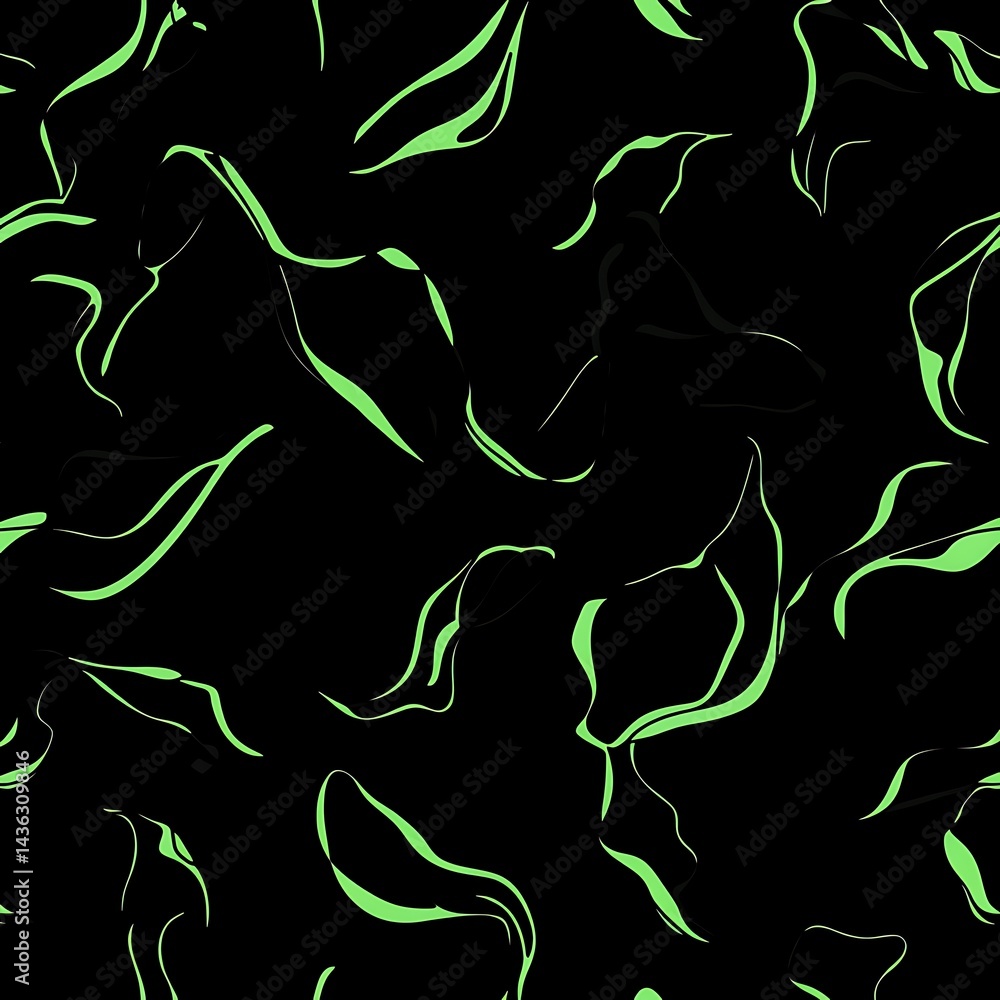 Poster abstract seamless pattern with bright green curved lines on black background. the design features a 