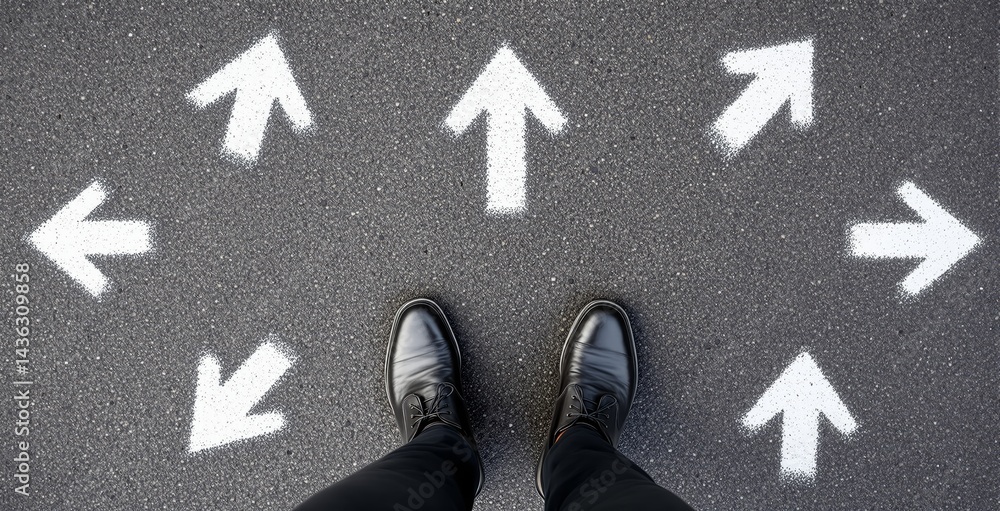 Poster man wearing formal shoes standing on asphalt with multiple white arrows pointing different direction