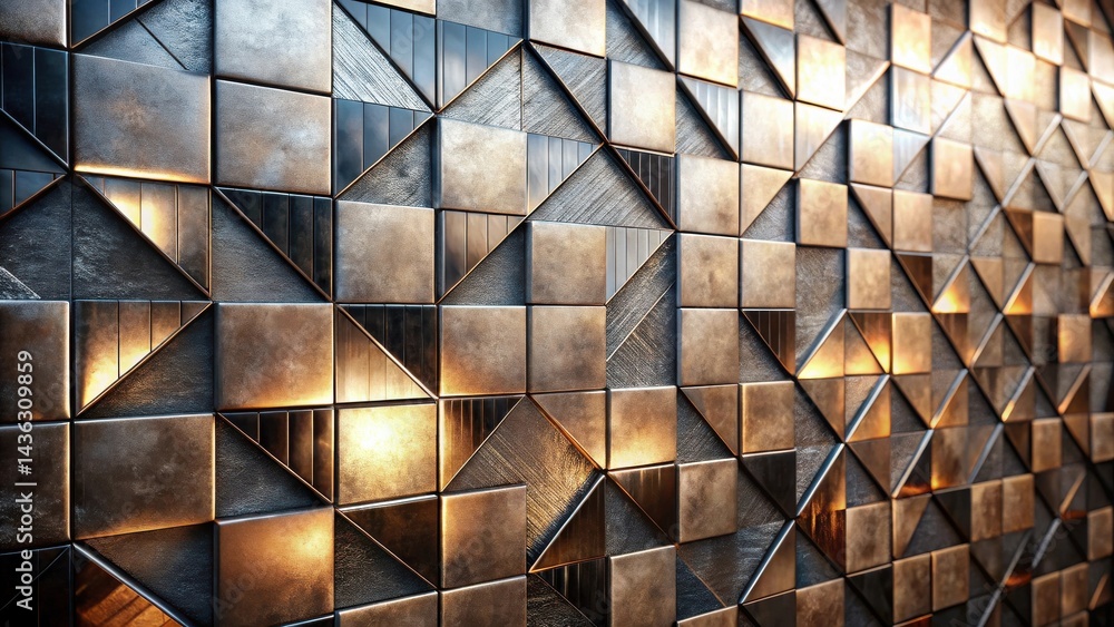 Aufkleber Illuminated Geometric Metal Wall Panel Design Featuring Interlocking Squares and Triangles