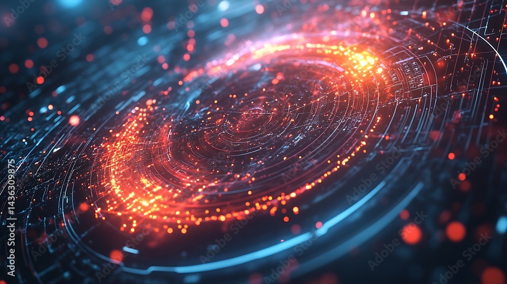 Poster abstract swirling vortex of red and blue glowing particles on a dark background. the particles form 