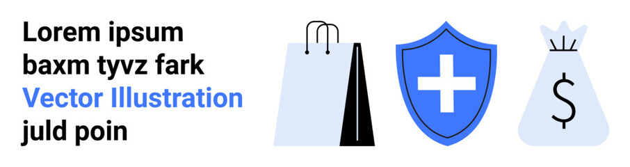 Obraz premium Shopping bag, blue shield with cross, and money bag suggest online shopping, healthcare insurance, financial security, consumer protection, retail, e-commerce, simple landing page