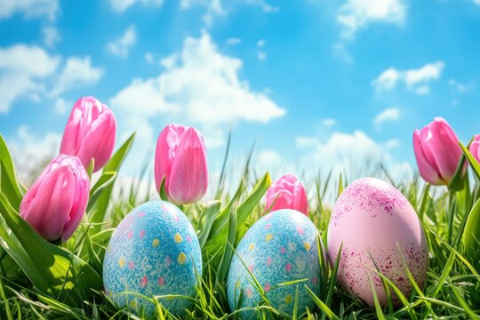 Easter eggs with pink tulips on grass with blue sky 