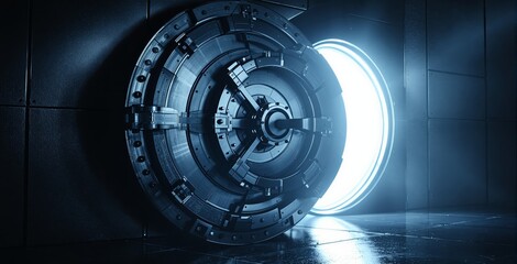 Futuristic vault door opened with bright light on dark metallic background, concept of financial security, business protection, modern technology. Ai generative