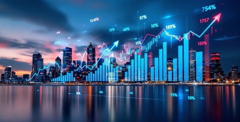 Business concept showing futuristic financial graphs, stock market charts, and data visualization over a modern city skyline at sunset, Ai generative