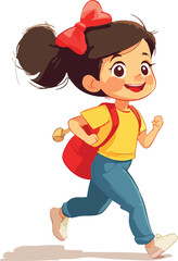 A cheerful cartoon girl with a red bow happily runs with her red backpack.