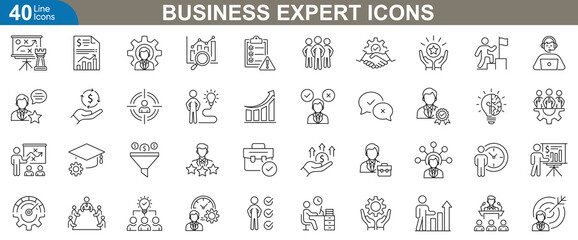 Business expert icons set. Strategy, market analysis, financial report, growth chart, target audience, plan, sales funnel, team management and more. Vector illustration