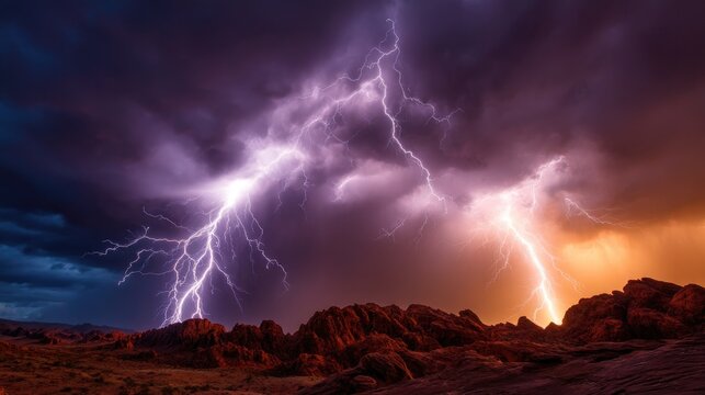 Dramatic lightning storm over a rugged landscape. - Powered by Adobe